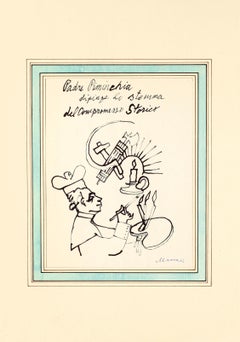 Compromesso storico - Disegno originale ad acquerello di M. Maccari - 1960