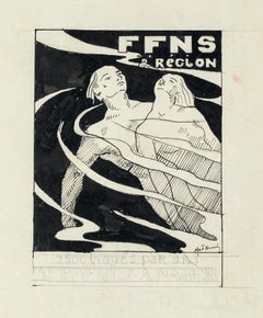 Swimming - Study for an Advertising - China Ink and Pencil Drawing - Early 1900