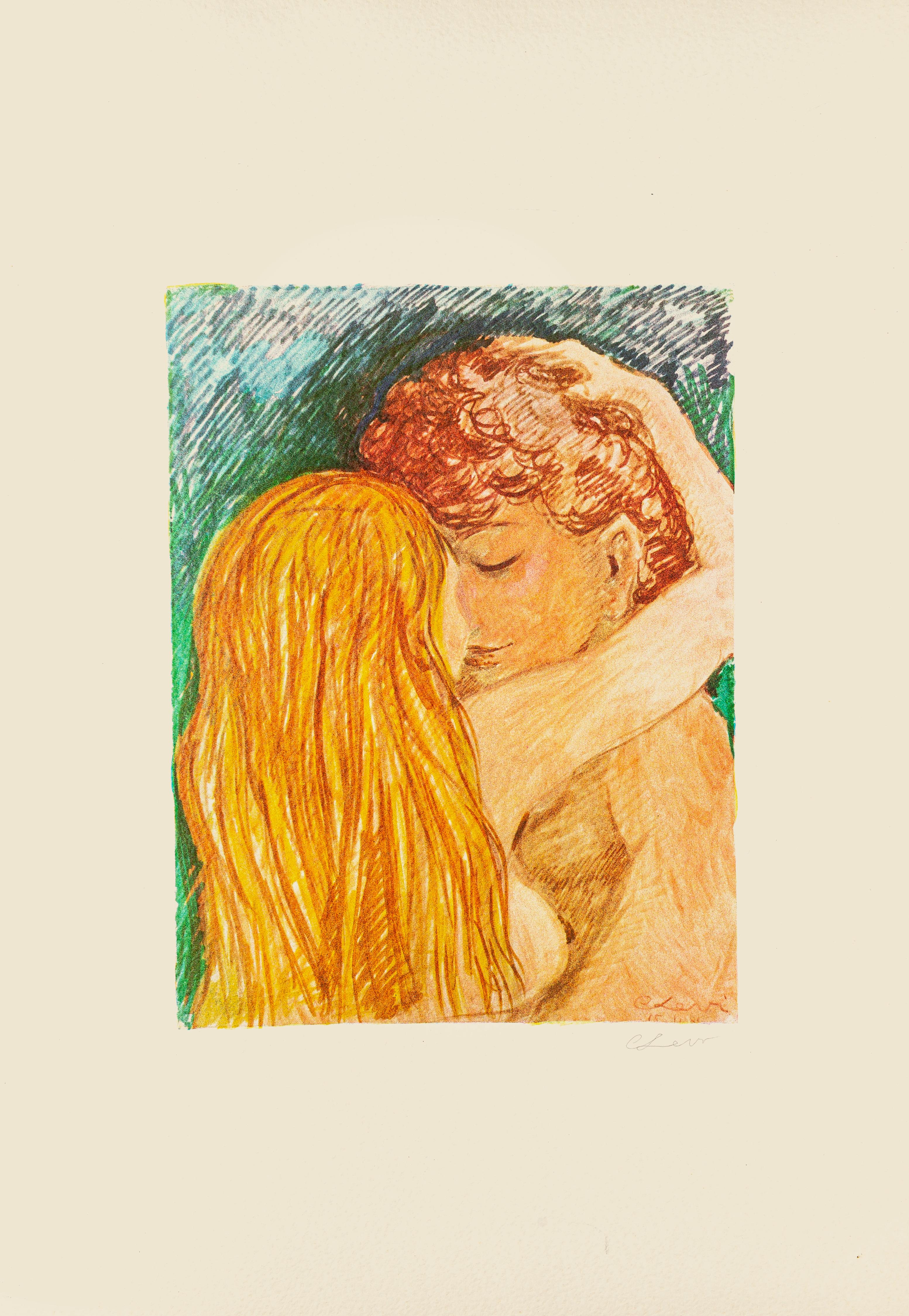 Lovers is an original lithograph, realized by Carlo Levi, the state of preservation of the artwork is very good, signed.

Image dimension: 38.5 x 29 cm

Sheet dimension:  72 x 50 cm.

The artworks represent a couple kissing through yellowish color,