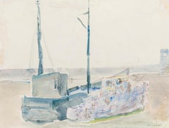 Boat on the Beach - Original Watercolor Mid 20th Century