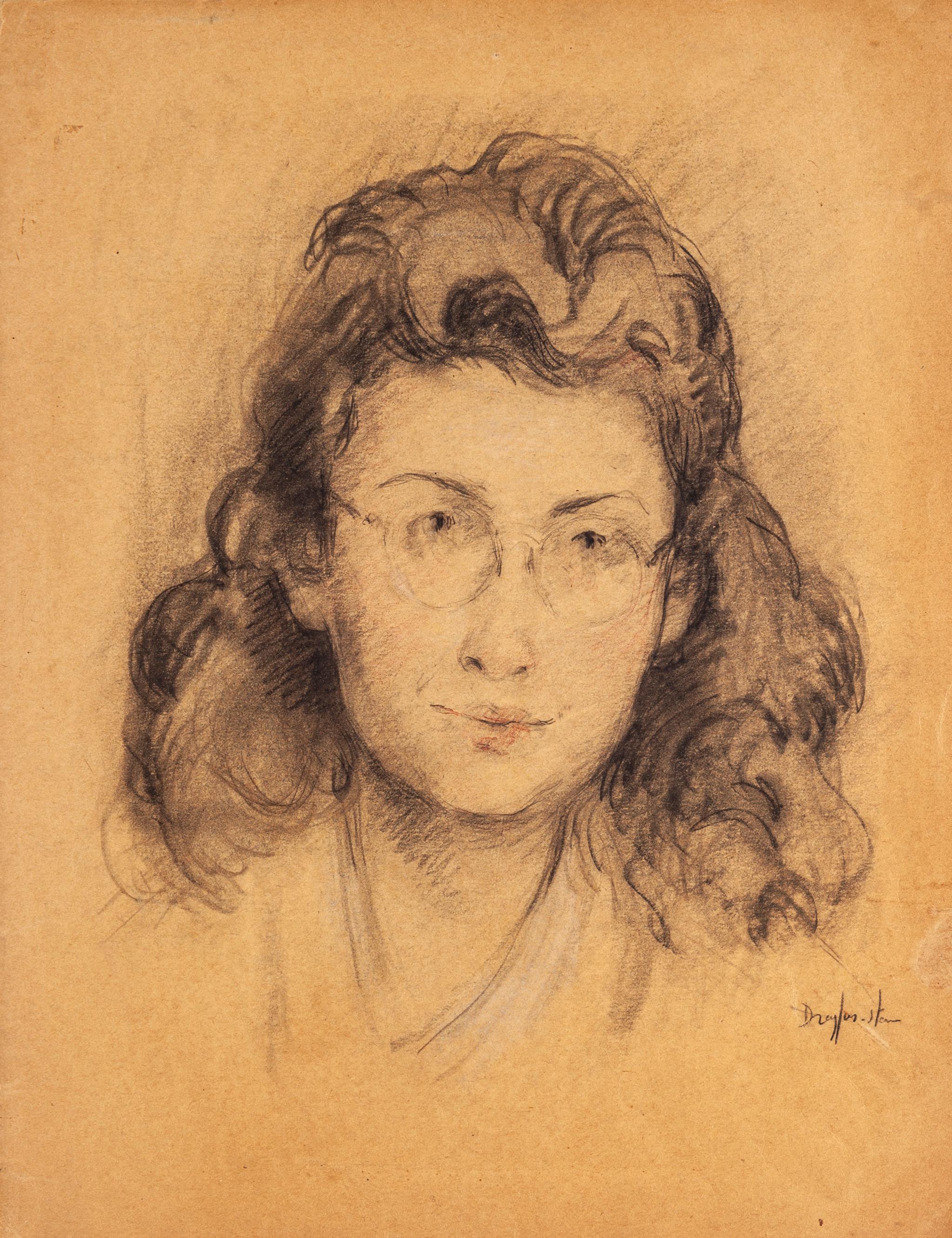 Female Portrait - Pencil and Charcoal on Paper by J. Dreyfus-Stern - 1940s - Art by Jean Dreyfus-Stern
