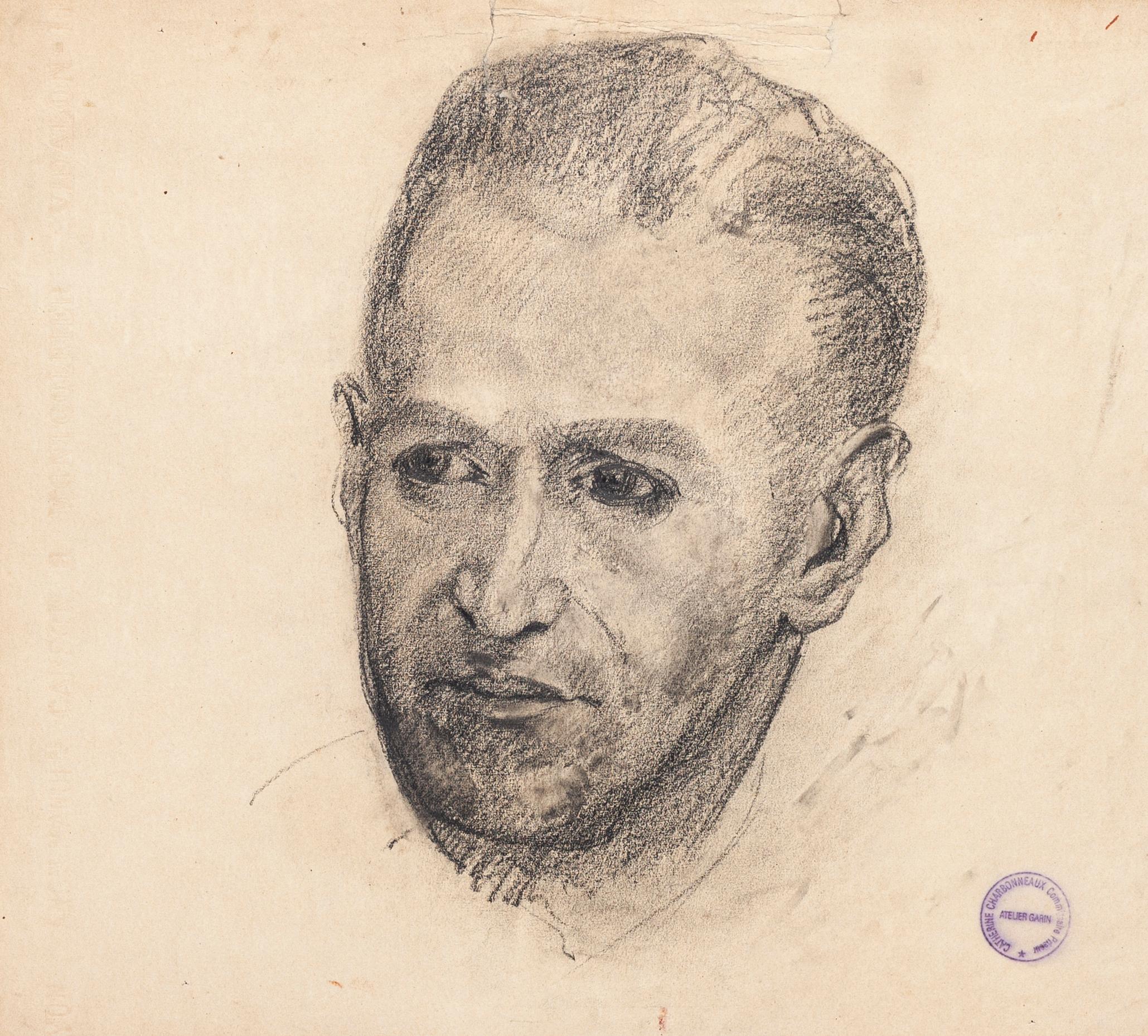 Male Portrait - Pencil and Charcoal Drawing on Paper by Paul Garin - 1950s