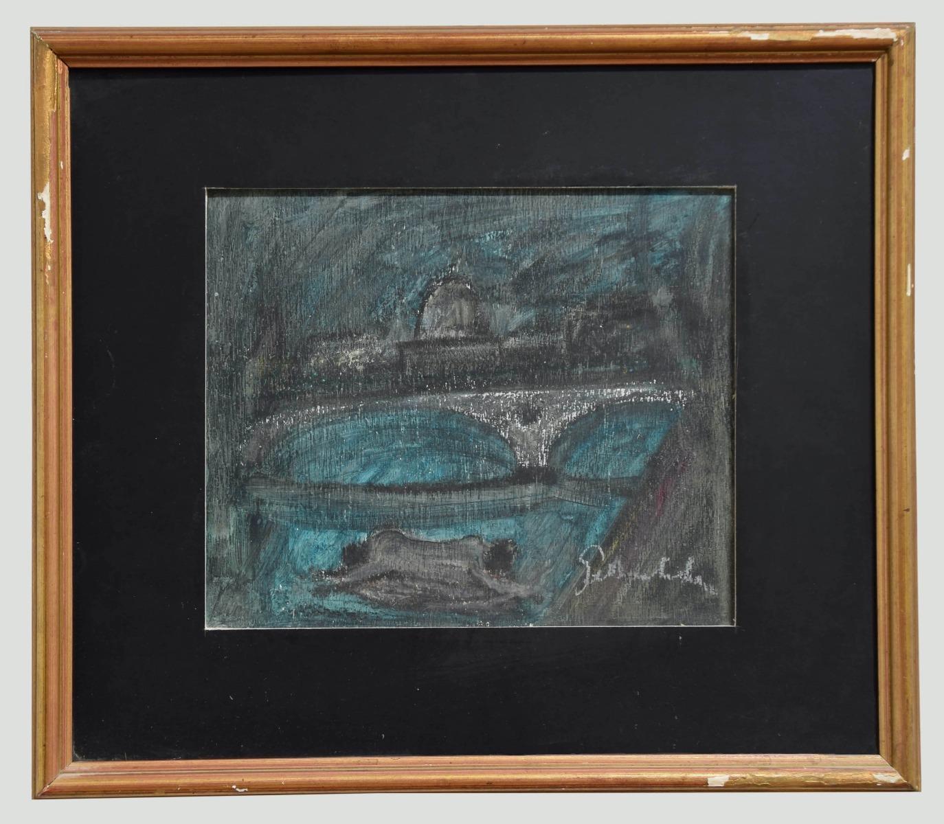Nazareno Gattamenata Figurative Art – The Bridge - Original Kohlezeichnung von N. Gattamelata - 1970er Jahre