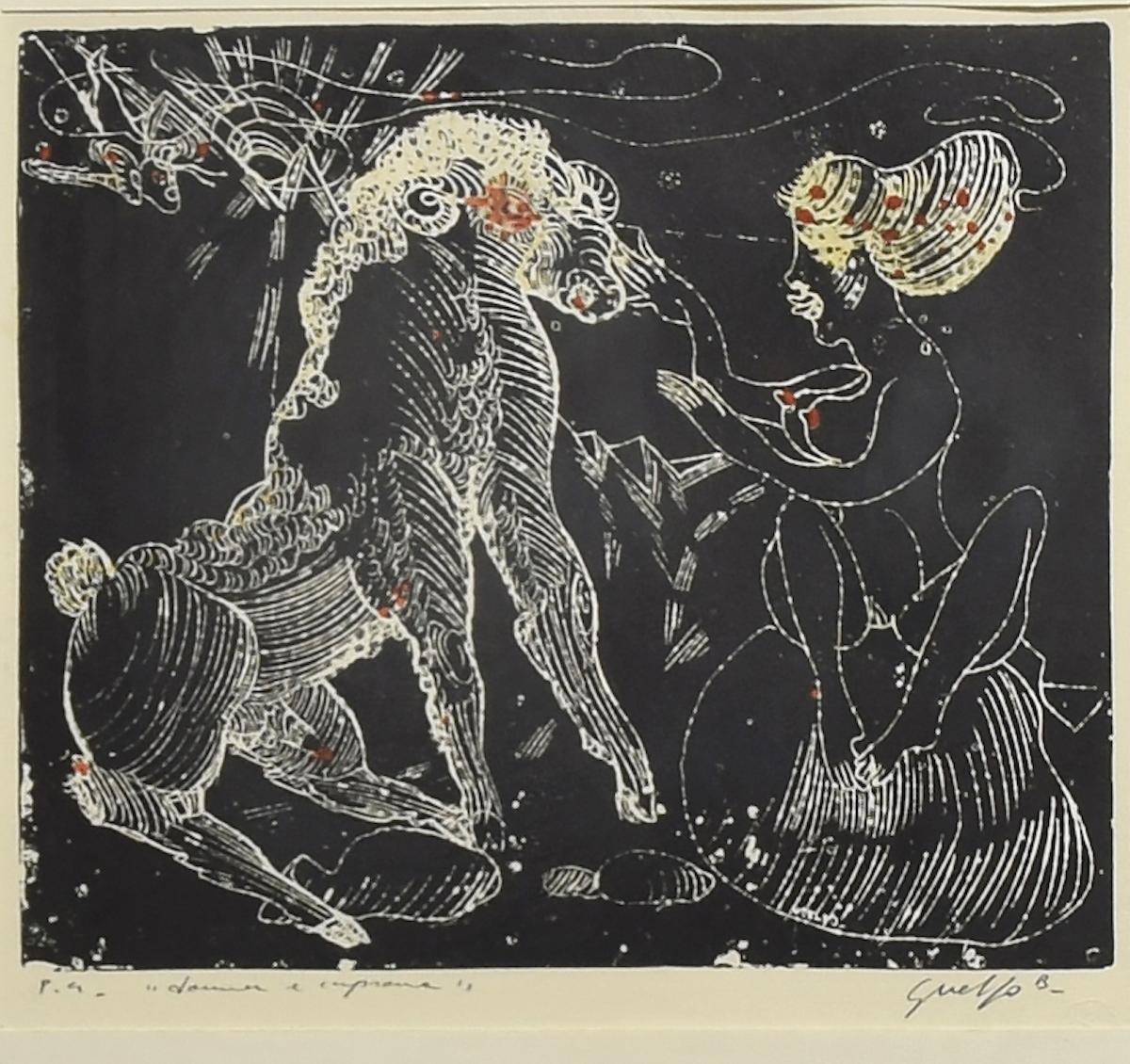 Woman and Goat – Original Holzschnitt von Guelfo – 1970er Jahre