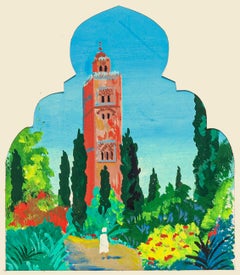 La Koutoubia Marrakech - Original Oil on Cardboard by Jean Boudal - 1950s