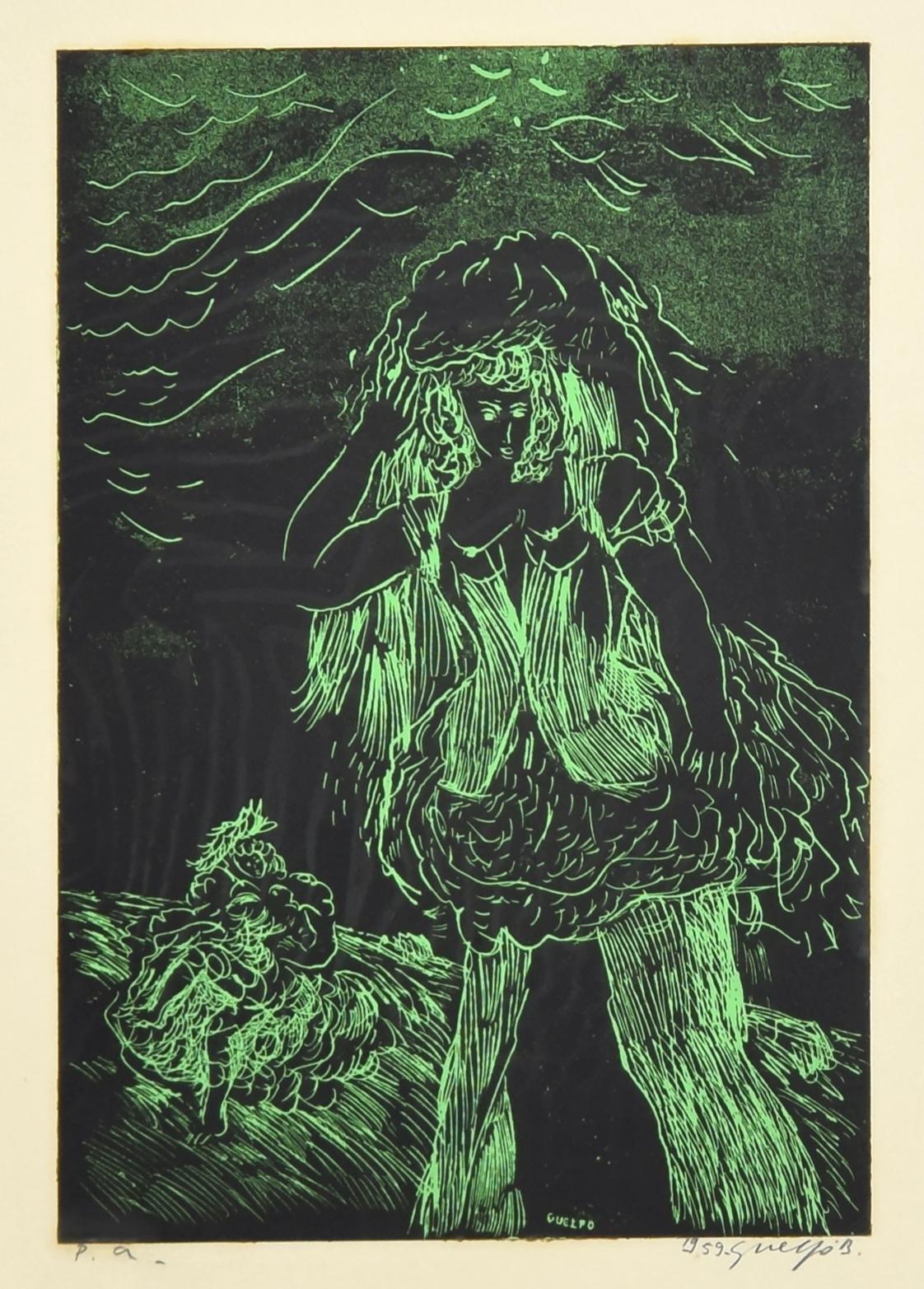 Guelfo Bianchini Figurative Print - Green Woman - Woodcut by Guelfo - 1959