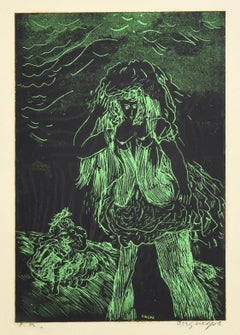 Femme verte - gravure sur bois par Guelfo - 1959