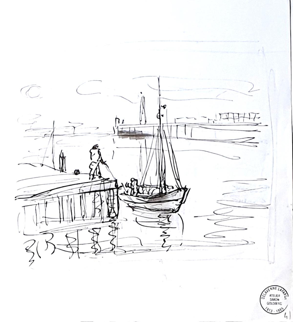 Simon Goldberg Figurative Art - Seascape - Original Ink Drawing by S. Goldberg - Mid 20th Century