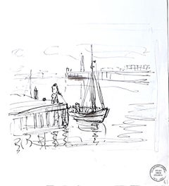 Paysage marin - Dessin original à l'encre de S. Goldberg - Milieu du XXe siècle