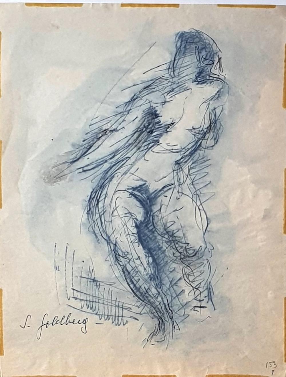 Nudo - Disegno originale a penna e acquerello di S. Goldberg - Metà del XX secolo