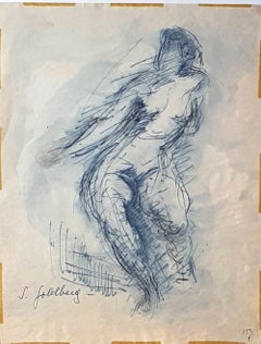 Nude - Original Pen Drawing and Watercolor by S. Goldberg - Mid 20th Century