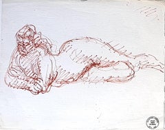 Nude - Original Red Pen Drawing  by S. Goldberg - Mid 20th Century