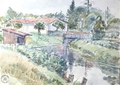 Paysage - Aquarelle originale de S. Goldberg - Milieu du XXe siècle