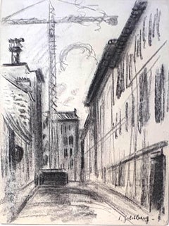 Paysage urbain original dessiné au fusain par S. Goldberg, milieu du 20e siècle