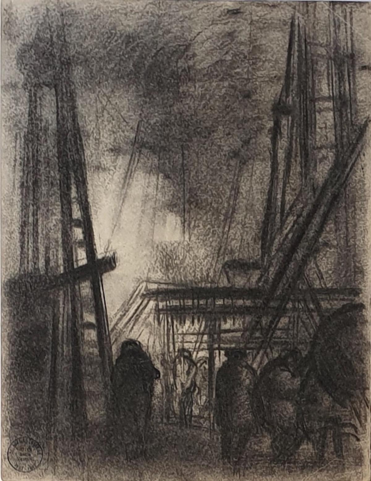 Dunkle Stadt - Original Kohlezeichnung von S. Goldberg - Mitte des 20. Jahrhunderts