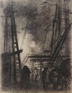 Dark City - Original Charcoal Drawing by S. Goldberg - Mid 20th Century