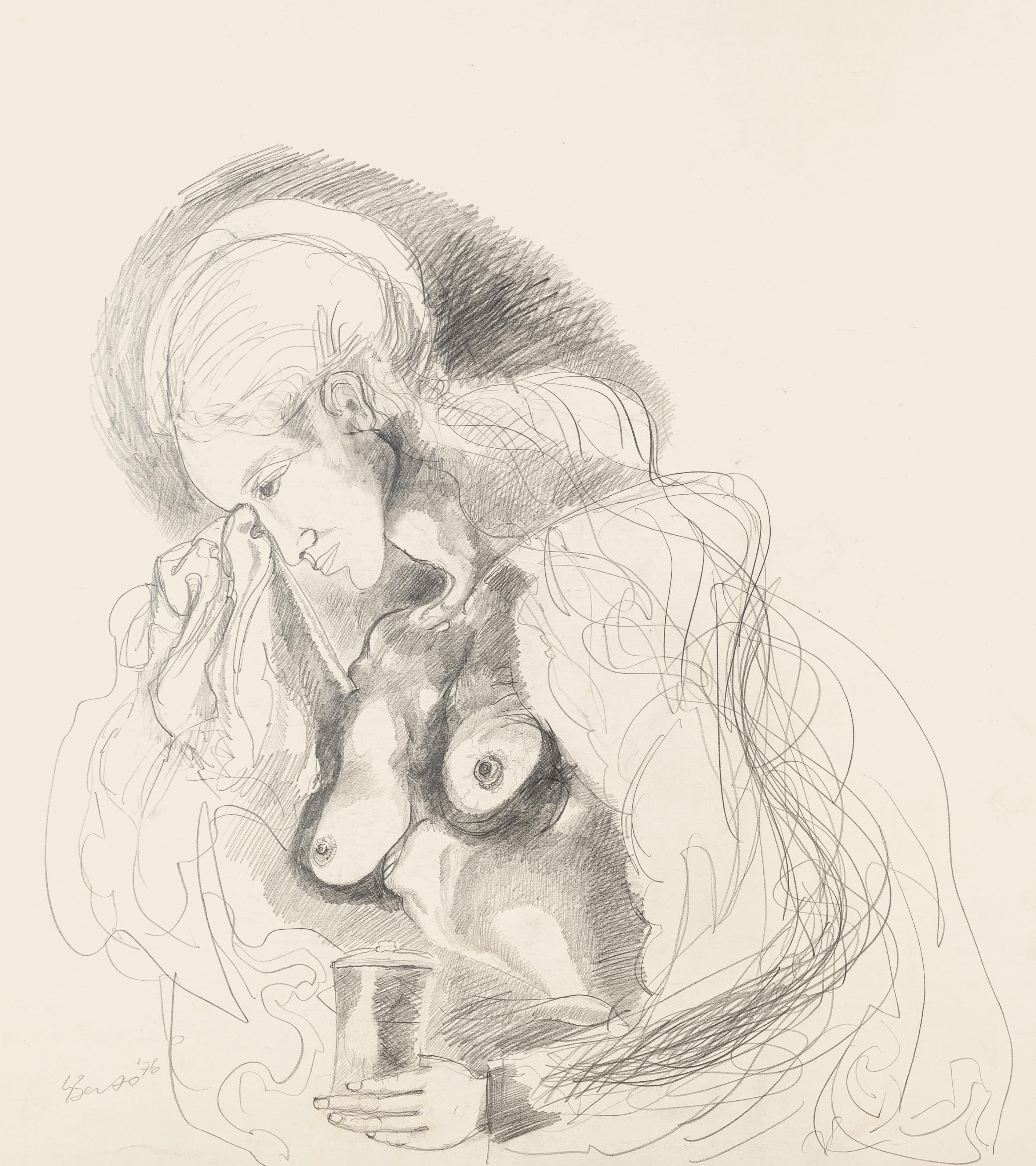 Gianpaolo Berto Portrait - Motherhood - Original Pencil Drawing - 1976