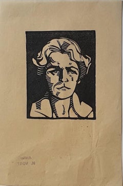 Portrait - Original Charcoal Drawing by Hélène Vogt - 1970s