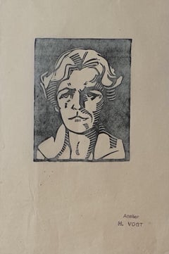 Portrait - Dessin original au fusain par Hélène Vogt - 1970