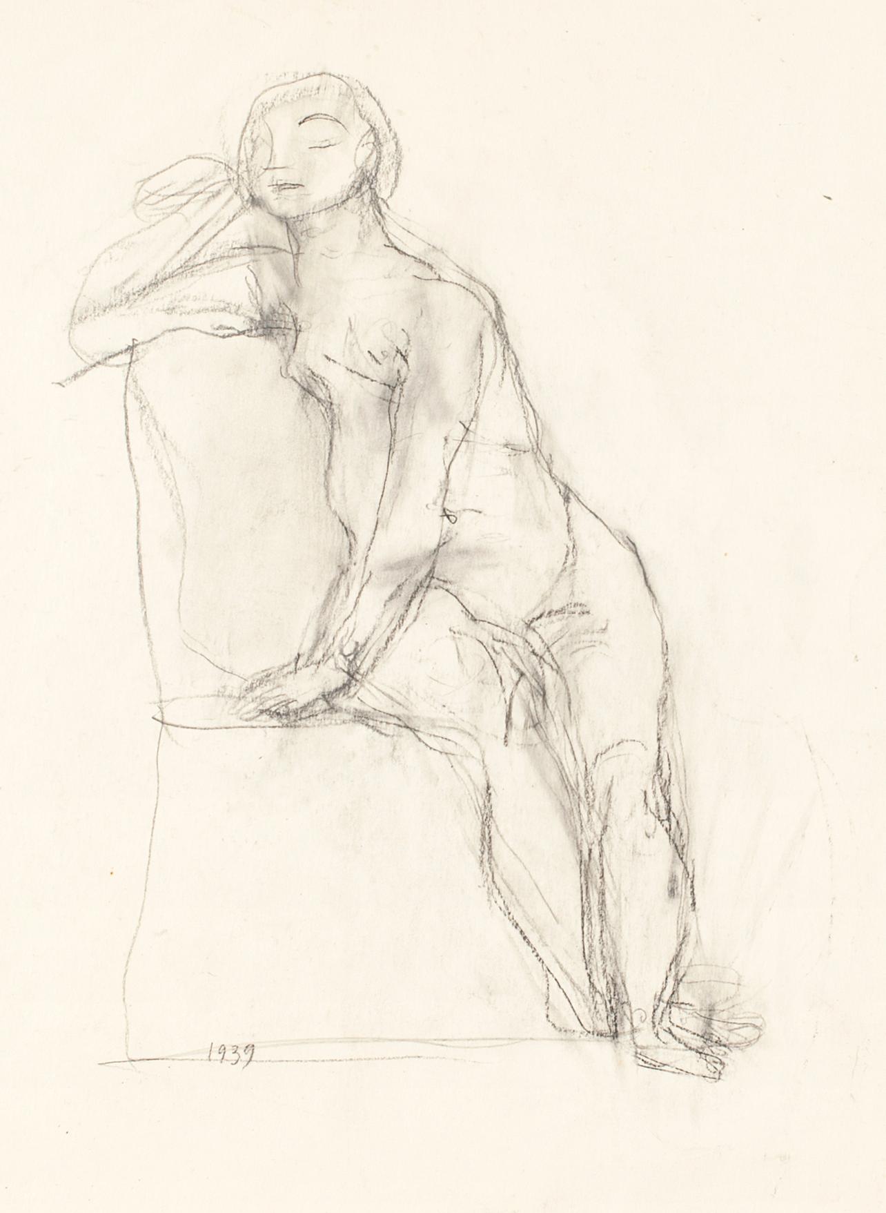Nu - Dessin original au crayon de Jeanne Daour - 1939 en vente 1