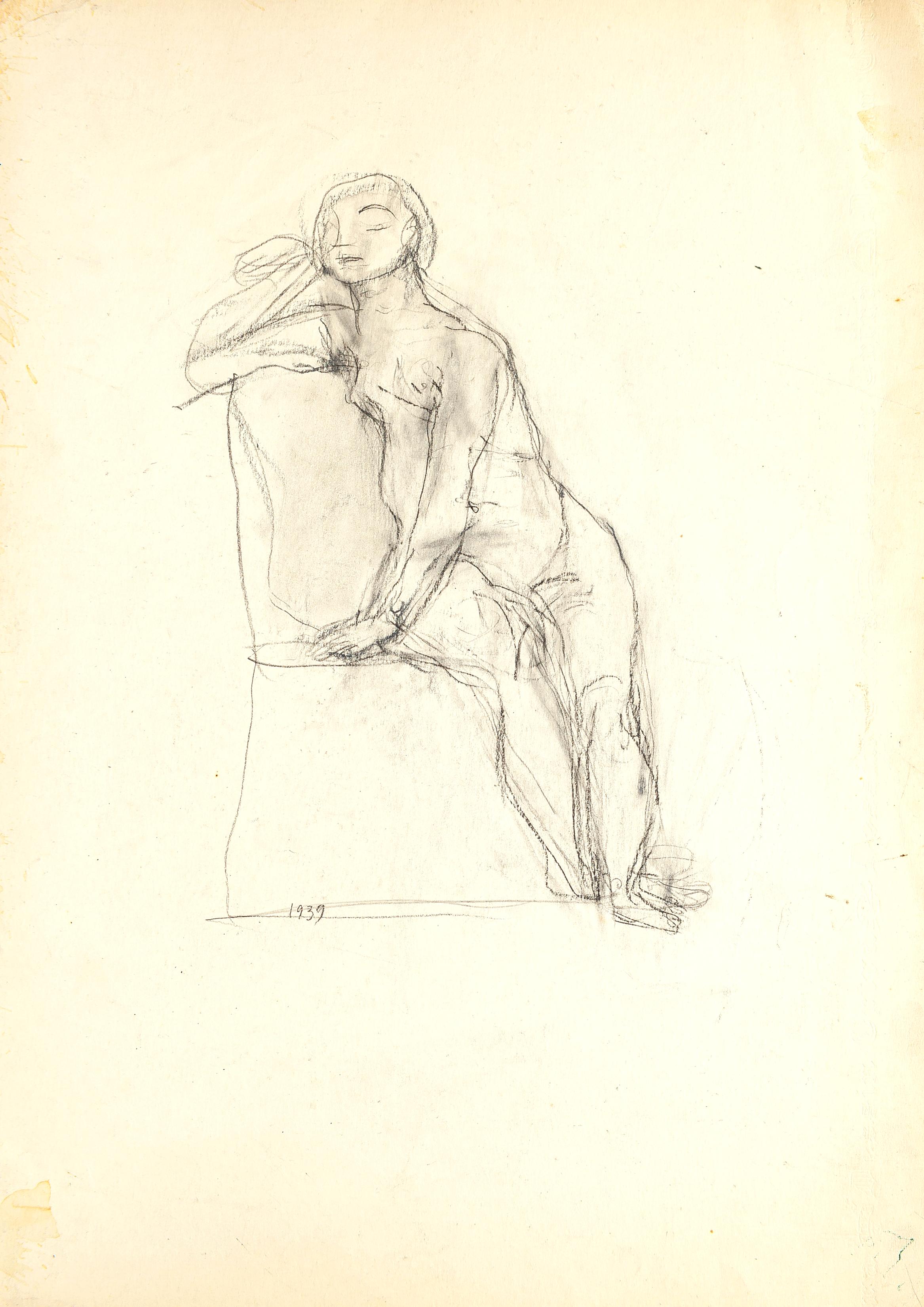 Nude - Original-Bleistiftzeichnung von Jeanne Daour - 1939