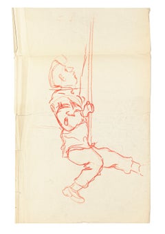 Figure grimpante - dessin original au crayon et au pastel - début du XXe siècle