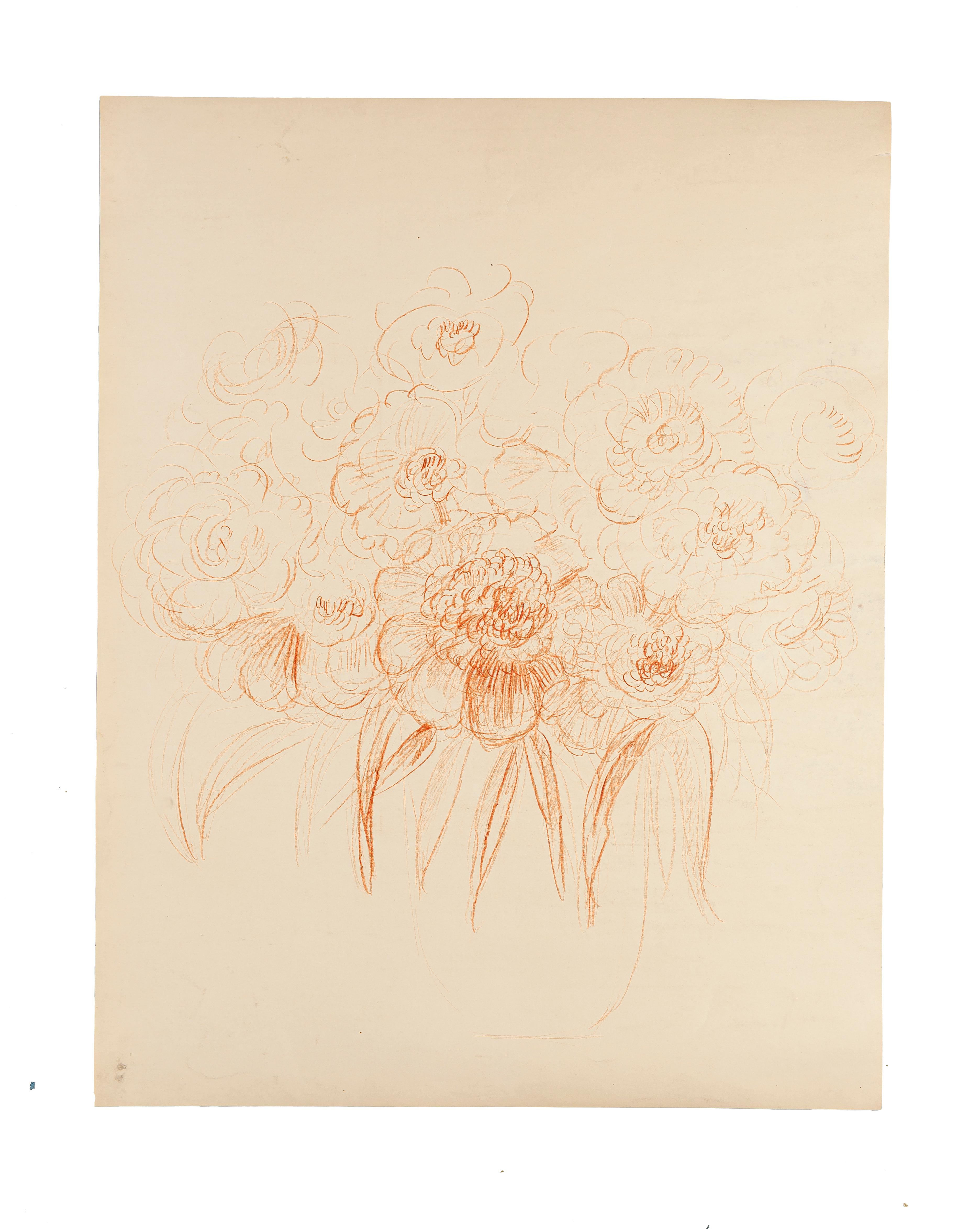 Blumen – Original pastellfarbene Zeichnung von G. Bourgogne – Mitte des 20. Jahrhunderts – Art von Gustave Bourgogne