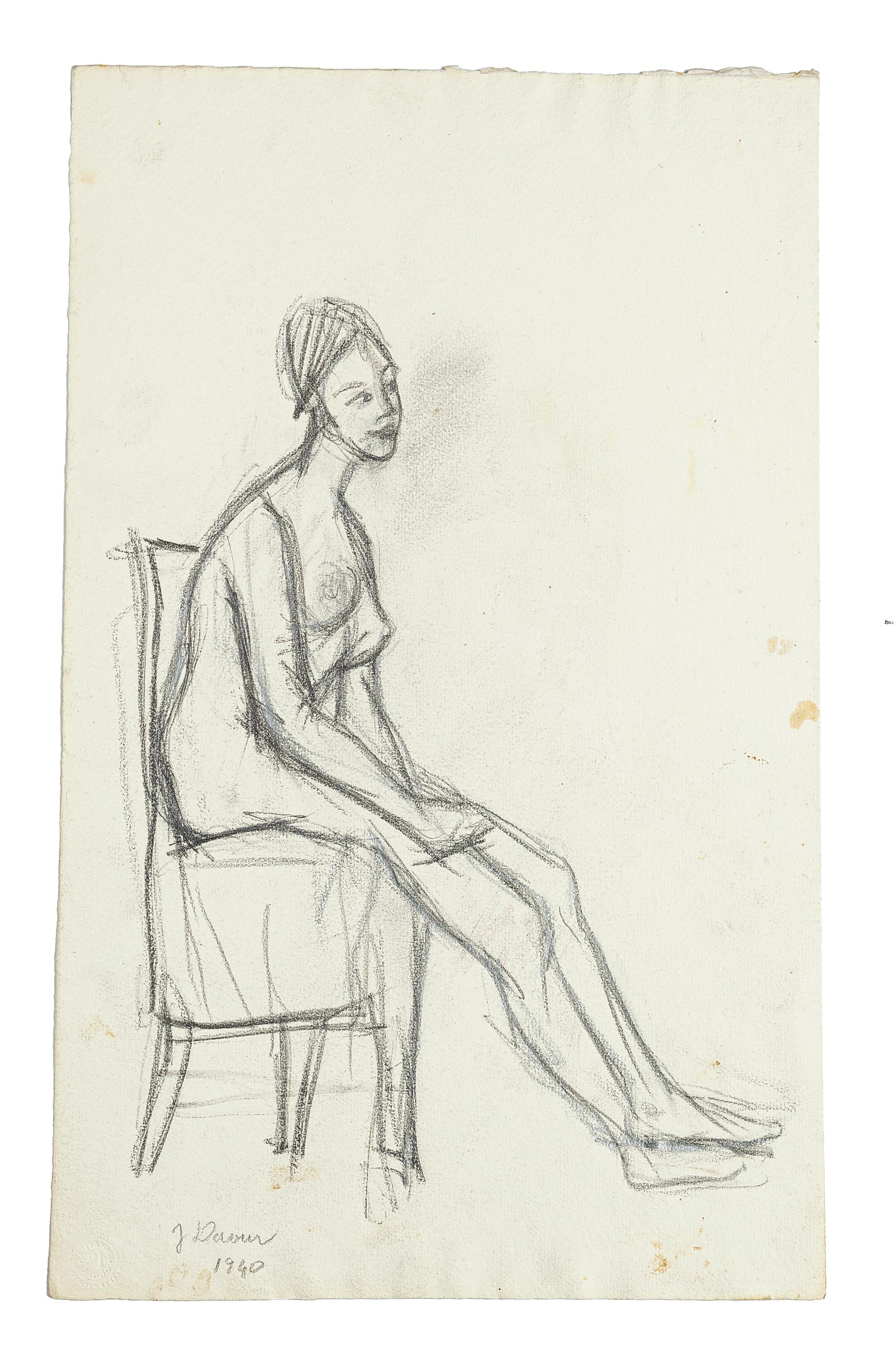 Nudefarbene Original-Bleistiftzeichnung von Jeanne Daour - 1940