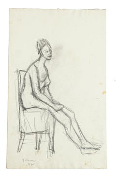 Vintage Nude - Original Pencil Drawing by Jeanne Daour - 1940