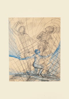 Flying - Crayon et aquarelle originales sur papier de M. Rouze - années 1950