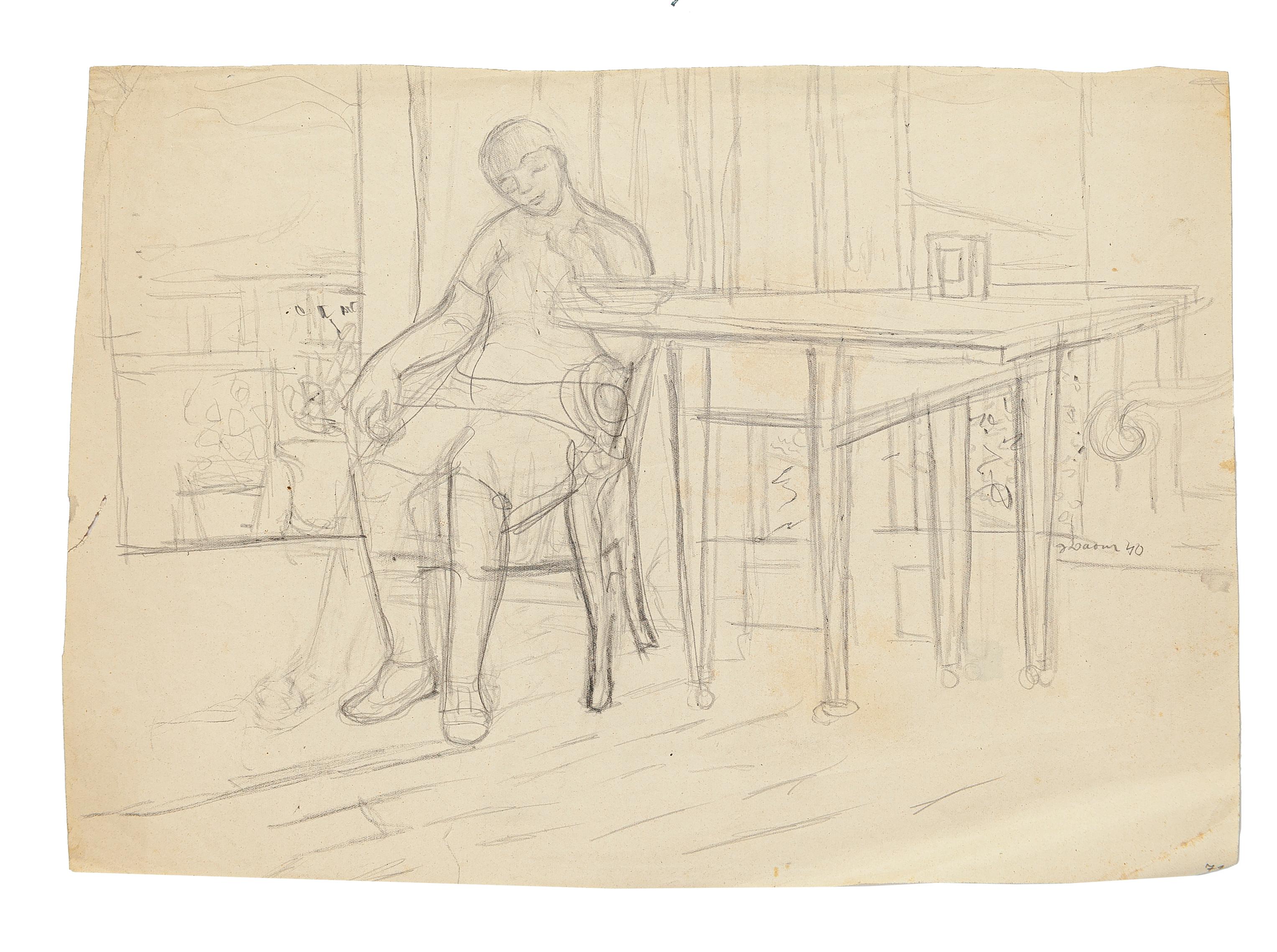 Figure in Interior - Original Pencil Drawing by Jeanne Daour - 1940