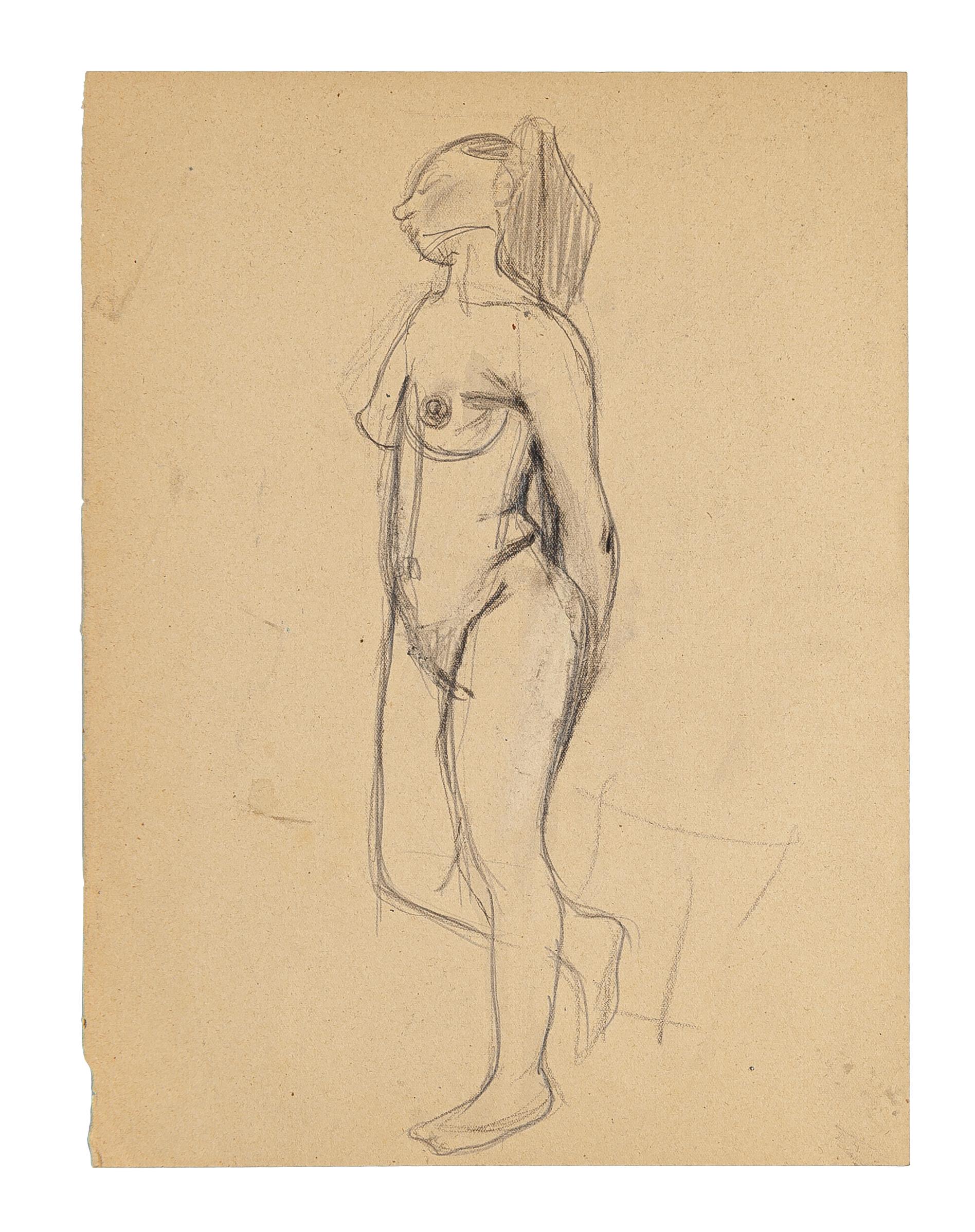 Nu est un dessin original au crayon sur papier réalisé par Jeanne Daour  dans les années 1950.
L'état de conservation est bon.

Dimension de la feuille : 32 x 24 cm

L'œuvre représente une femme nue debout, habilement créée par des coups de pinceau