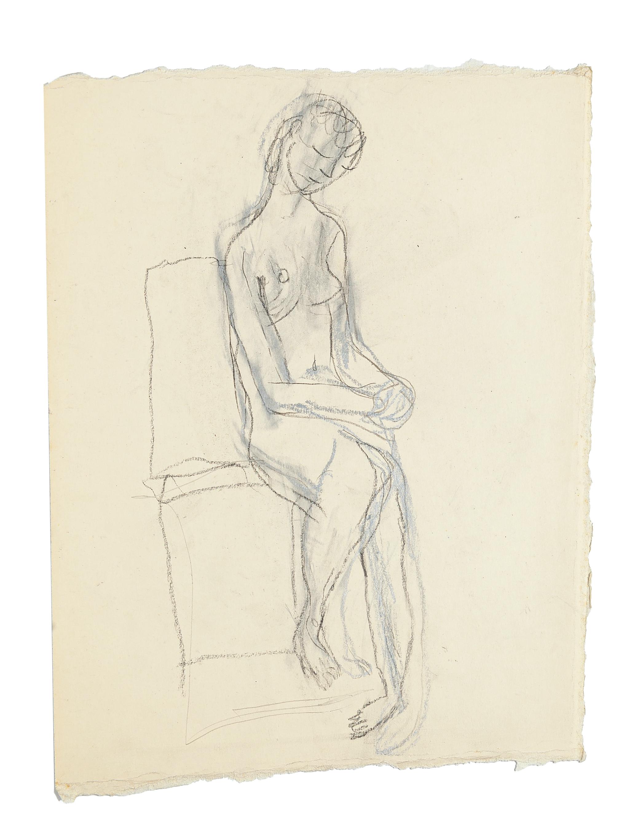Seated Nude - Original Pencil and Pastel Drawing by Jeanne Daour - 1950s