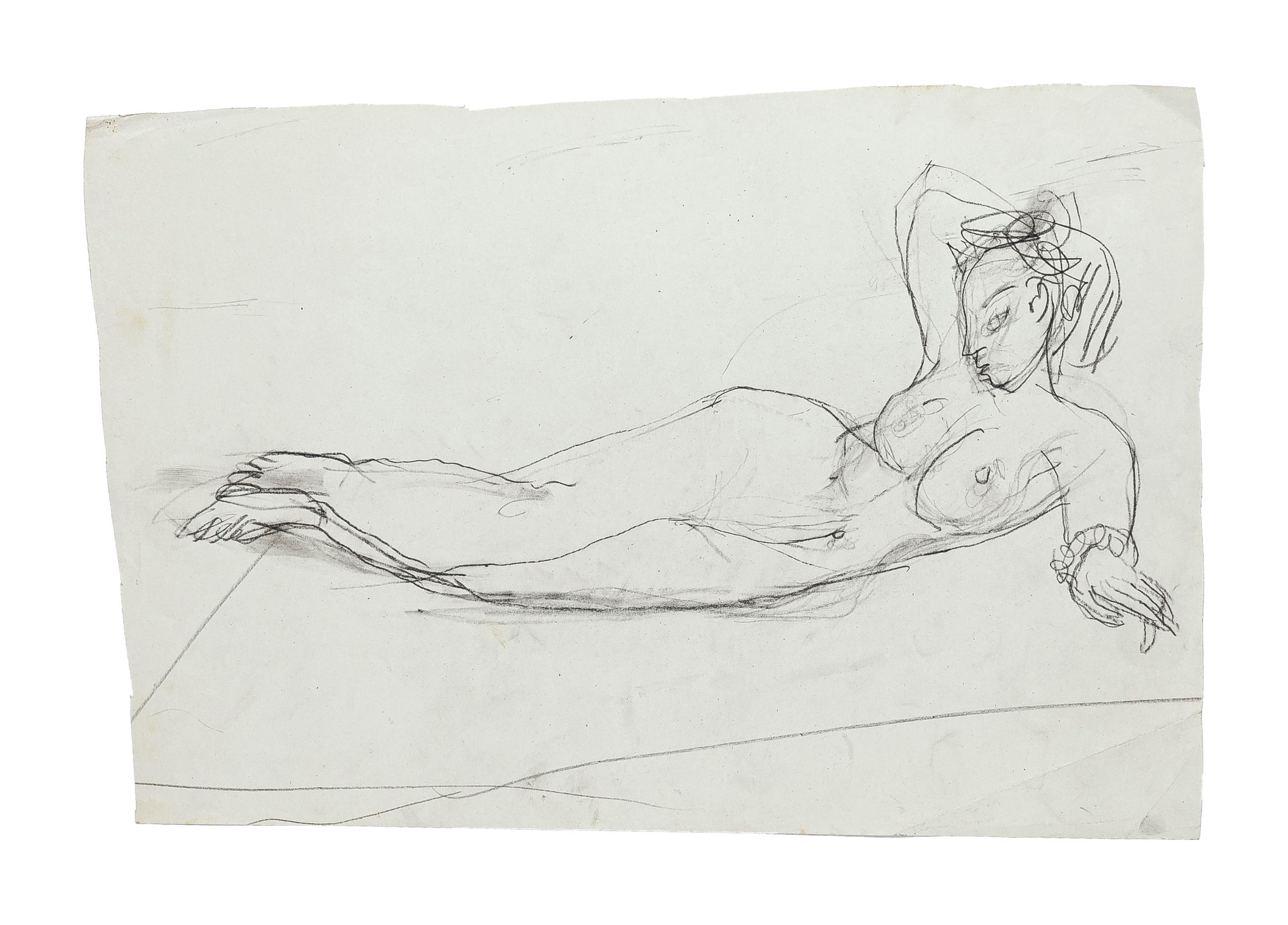 Lying Nude - Original Pencil Drawing by Jeanne Daour - 1950s