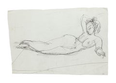 Vintage Lying Nude - Original Pencil Drawing by Jeanne Daour - 1950s