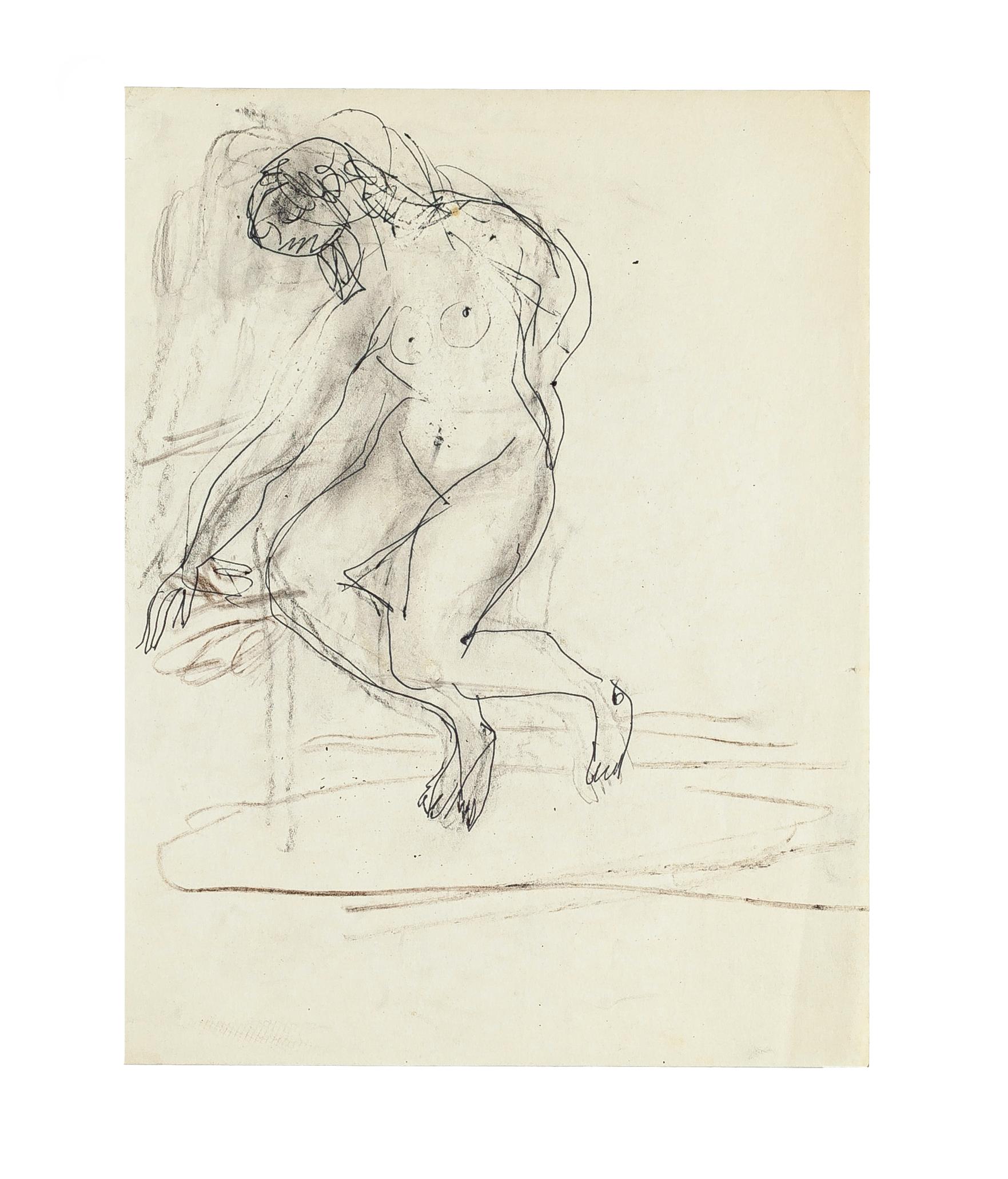 Seated Nude - Original Pencil Drawing by Jeanne Daour - 1950s