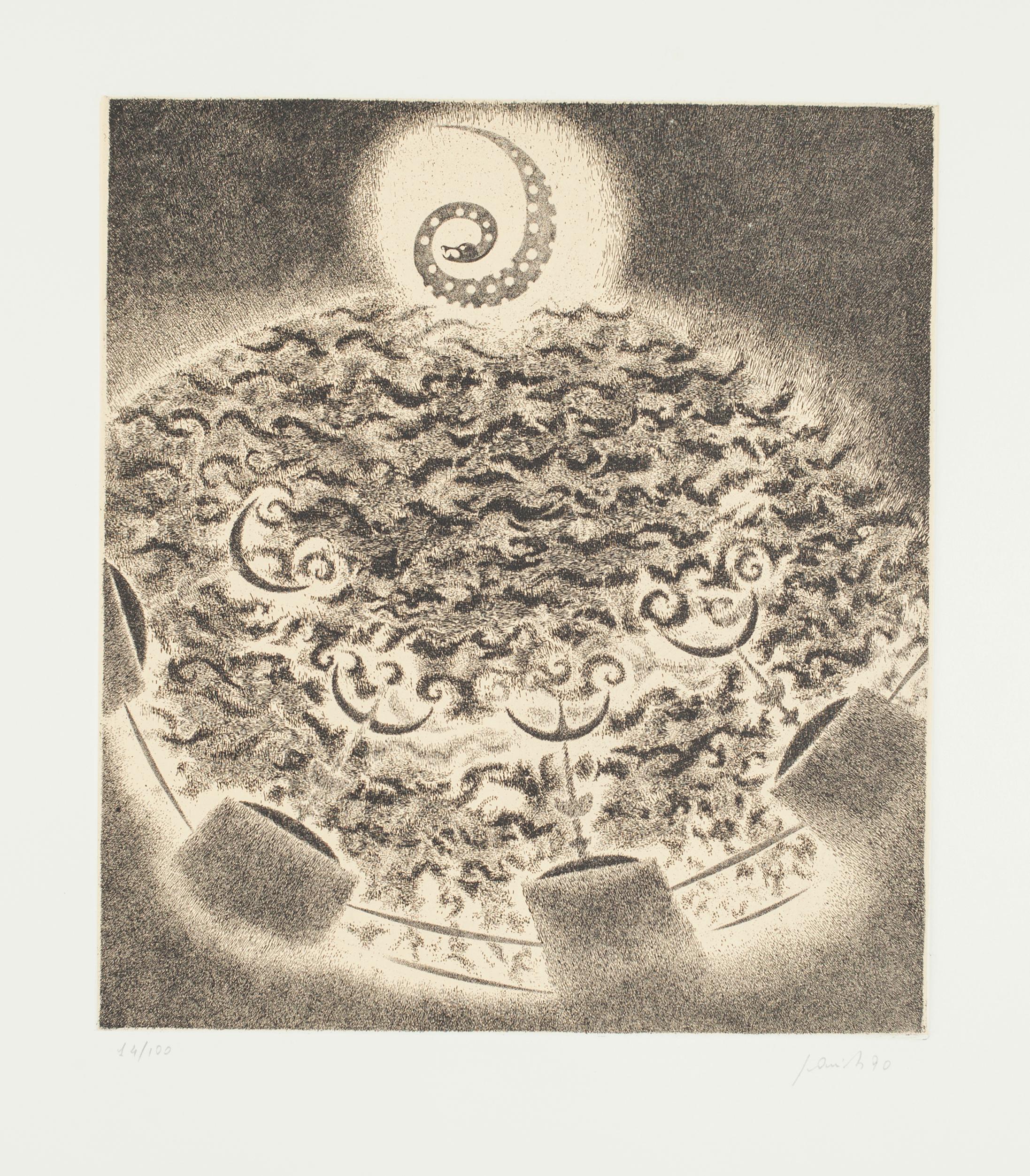 Spiral is an original, splendid etching and drypoint realized by Edo Janich in 1990.

The state of preservation of the artwork is excellent. 

hand-signed numbered14/100.

Image dimension: 30 x 27 cm.

The artwork represents a scenery of Spiral, the
