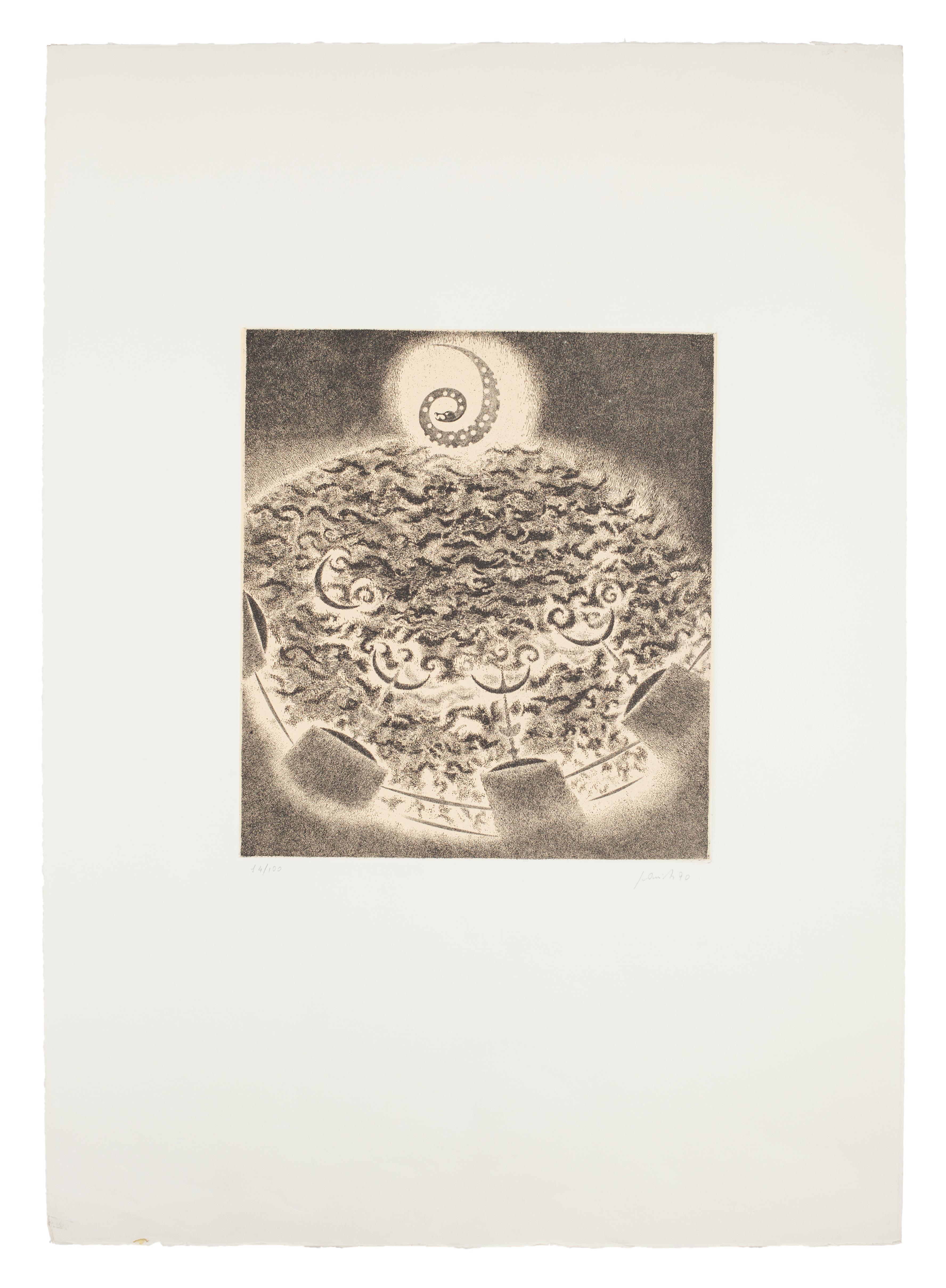 Spiral is an original, splendid etching and drypoint realized by Edo Janich in 1990.

The state of preservation of the artwork is excellent. 

hand-signed numbered14/100.

Image dimension: 30 x 27 cm.

The artwork represents a scenery of Spiral, the