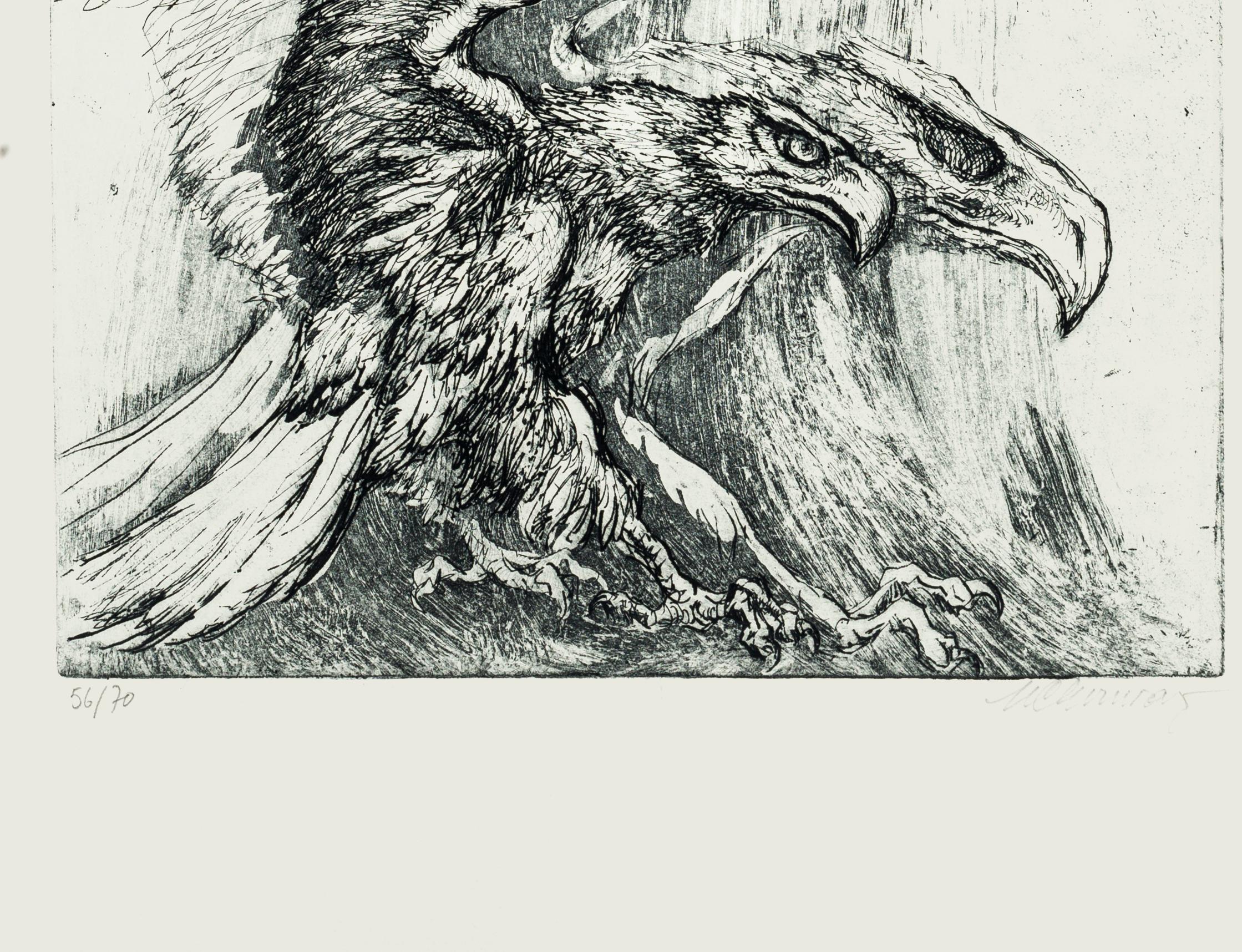 Eagles - Original Etching by M. Chirnoaga - Late 20th Century - Print by Marcel Chirnoaga