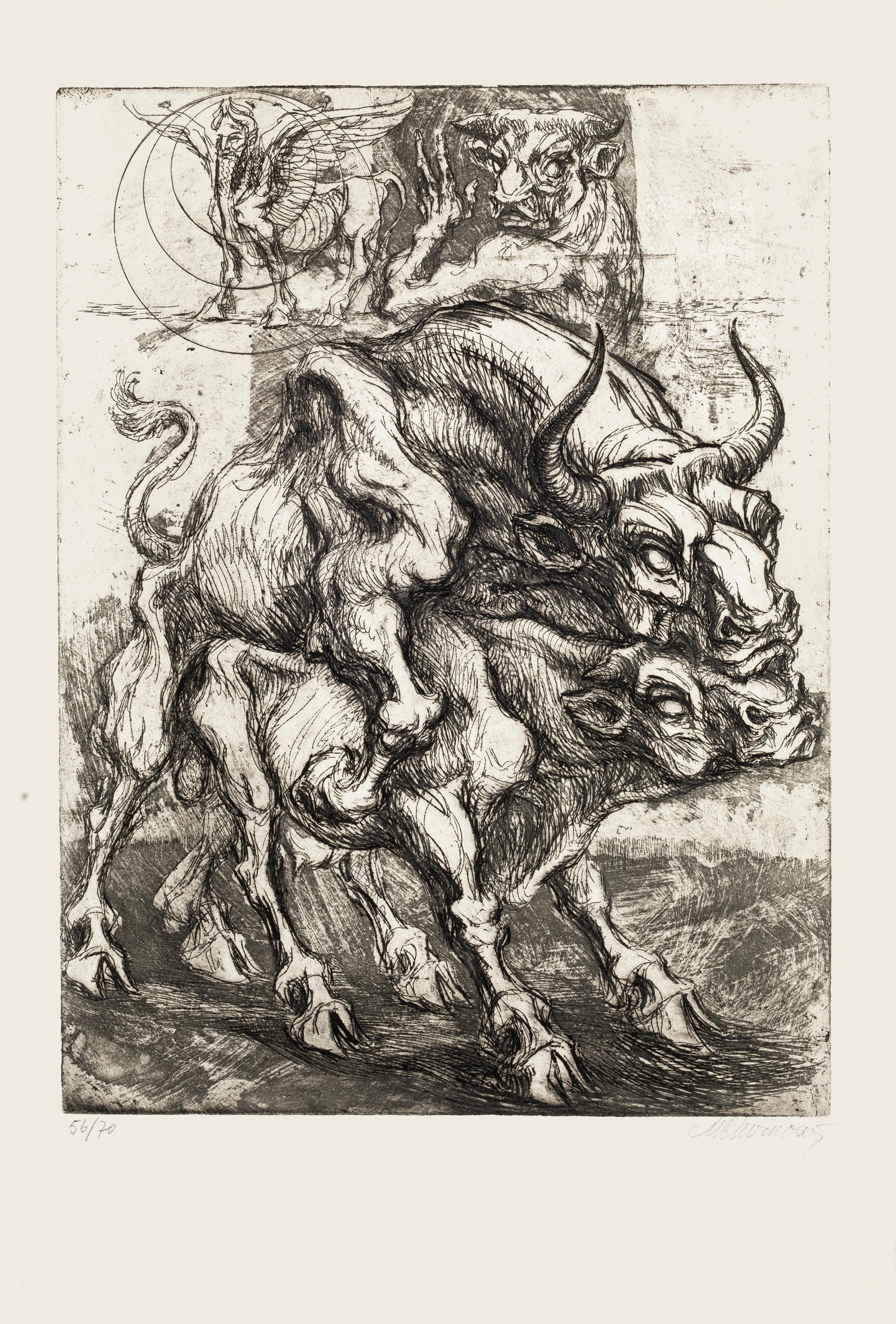 Animal Print Marcel Chirnoaga - Bulls - Gravure originale de M. Chirnoaga - fin du XXe siècle