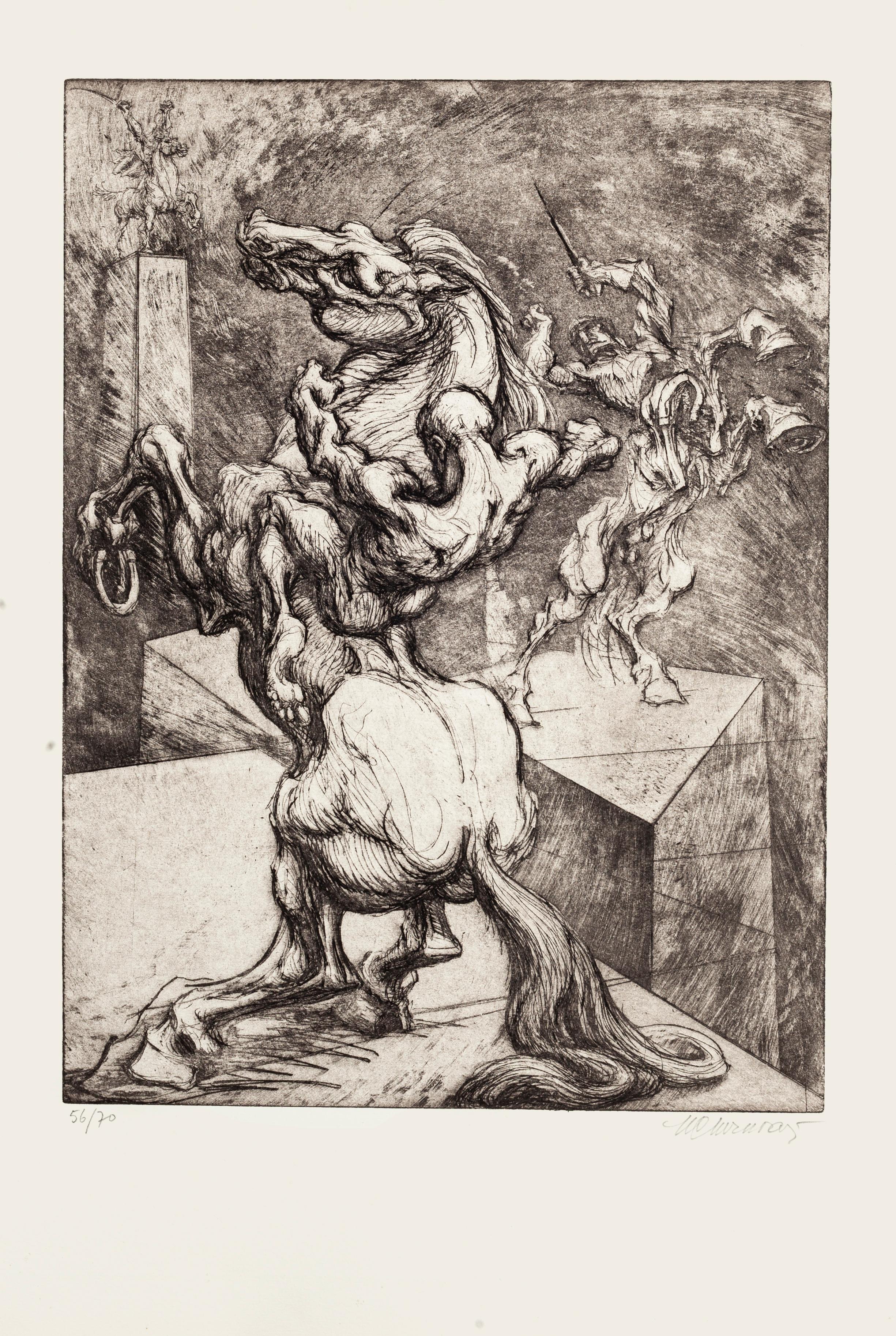 Marcel Chirnoaga Animal Print - Mighty Horse - Original Etching by M. Chirnoaga - Late 20th Century