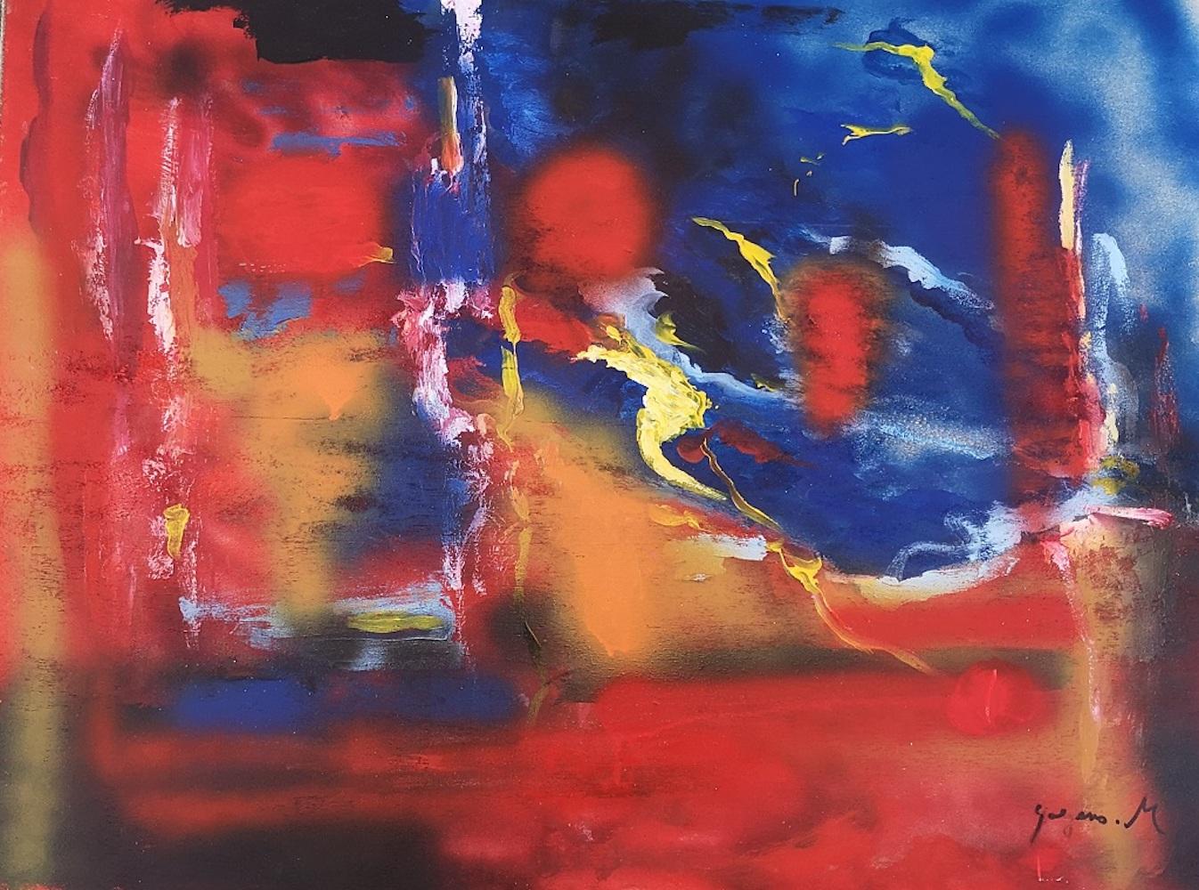 Abstract Painting di Martine Goeyens - Composizione rossa e blu - Acrilico su compensato di M. Goeyens - Anni 2000