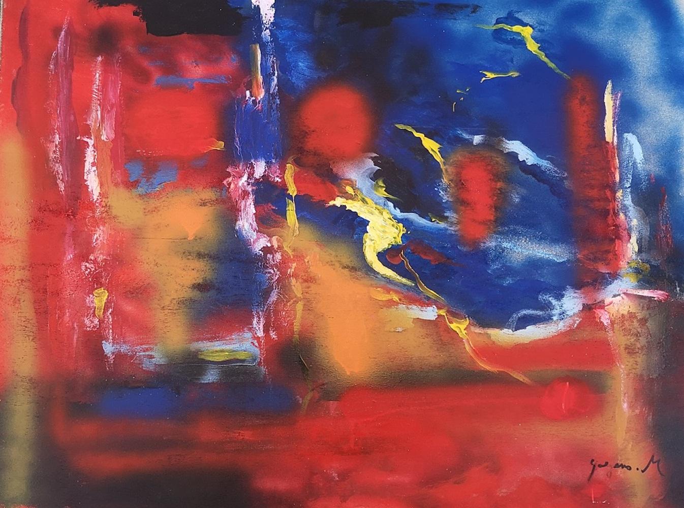 Composition rouge et bleue - Acrylique sur contreplaqué par M. Goeyens - Années 2000