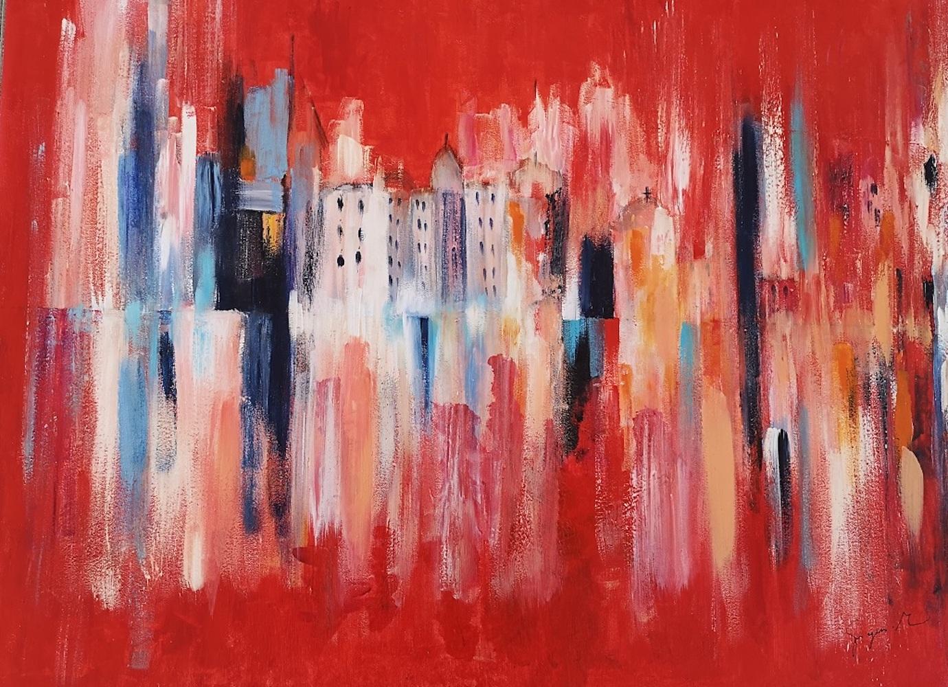 Red Landscape - Acrylic on Canvas by M. Goeyens - 2000s