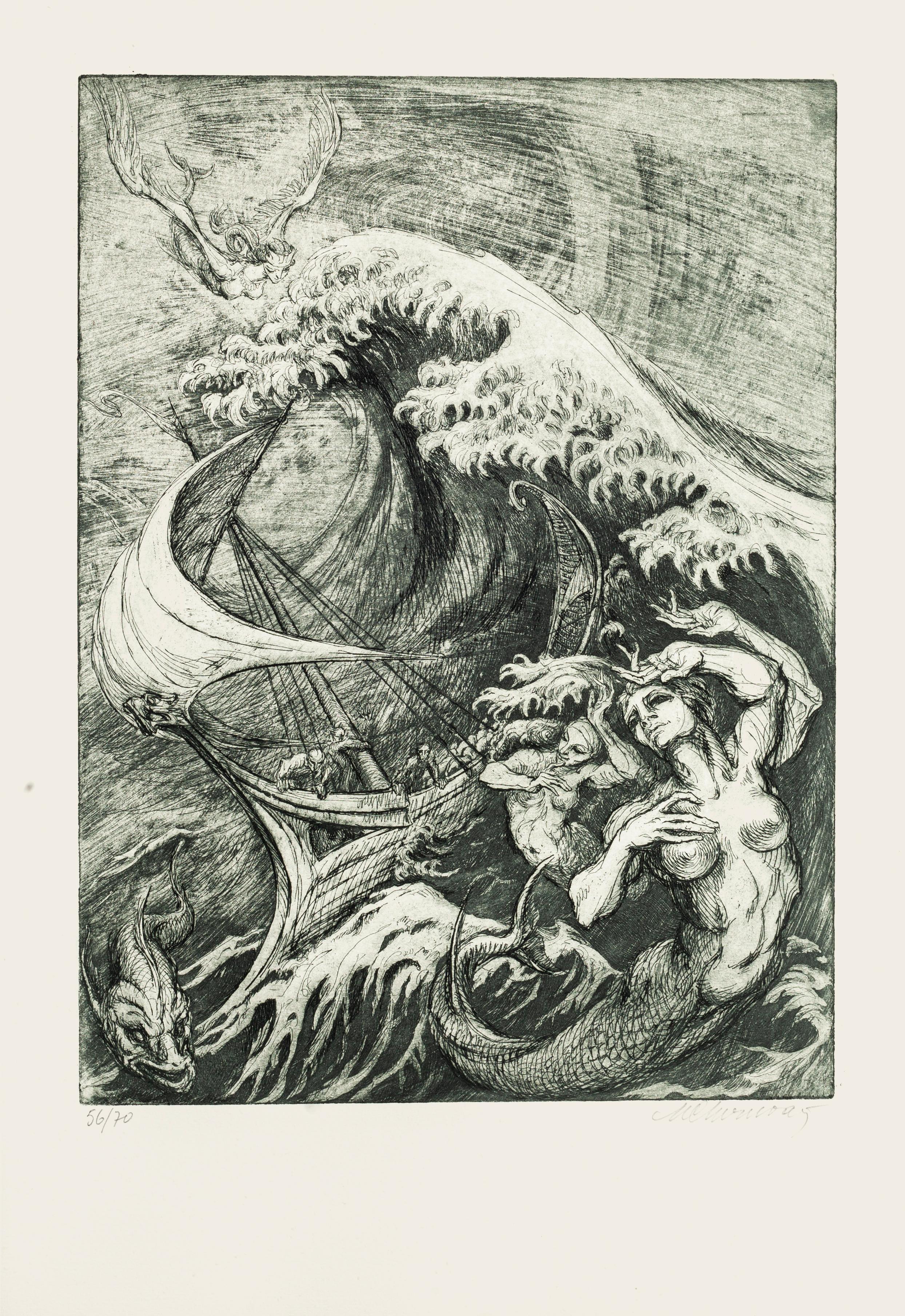 Marcel Chirnoaga Figurative Print - Siren - Original Etching by M. Chirnoaga - Late 20th Century