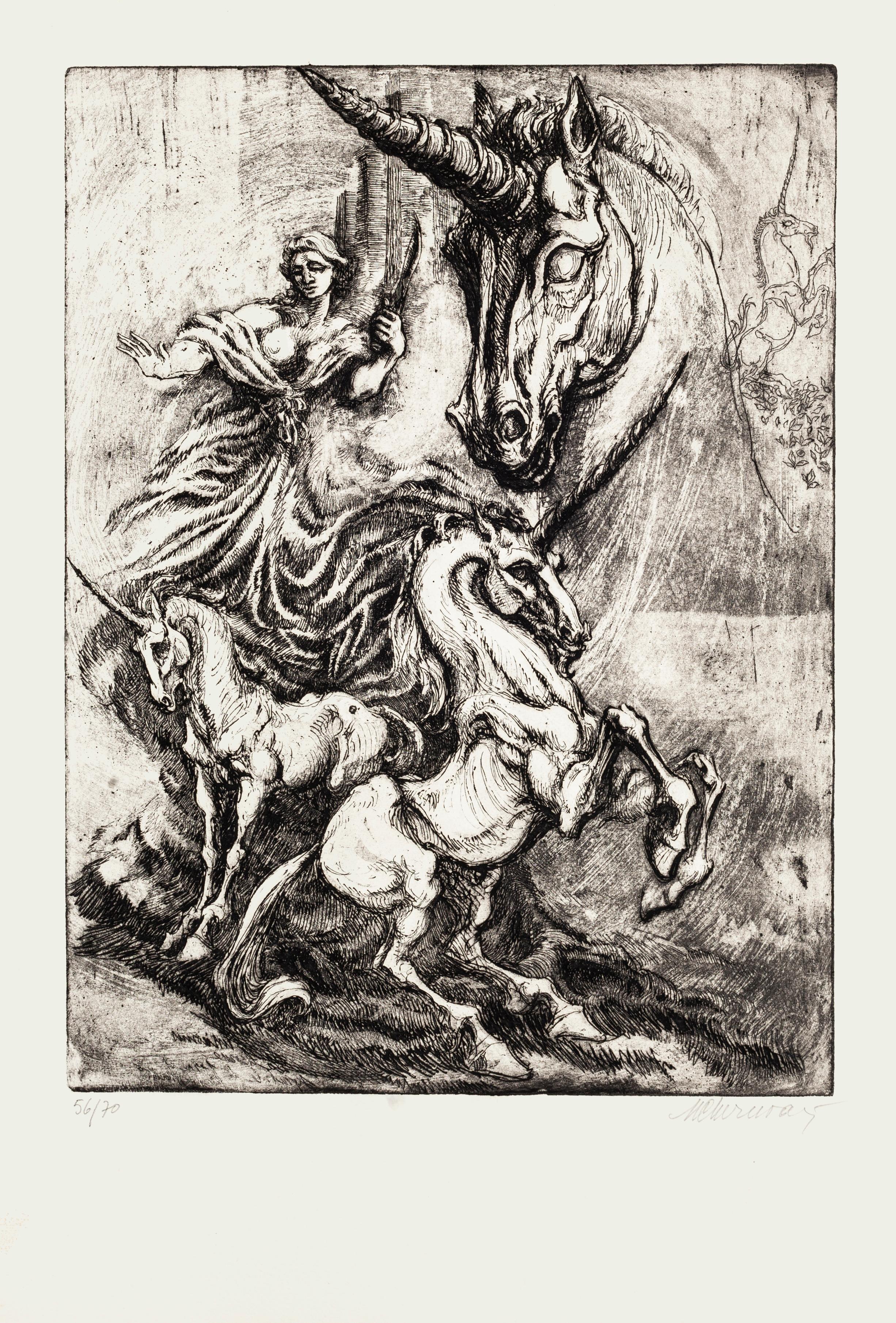 Marcel Chirnoaga Animal Print - Unicorn - Original Etching by M. Chirnoaga - Late 20th Century