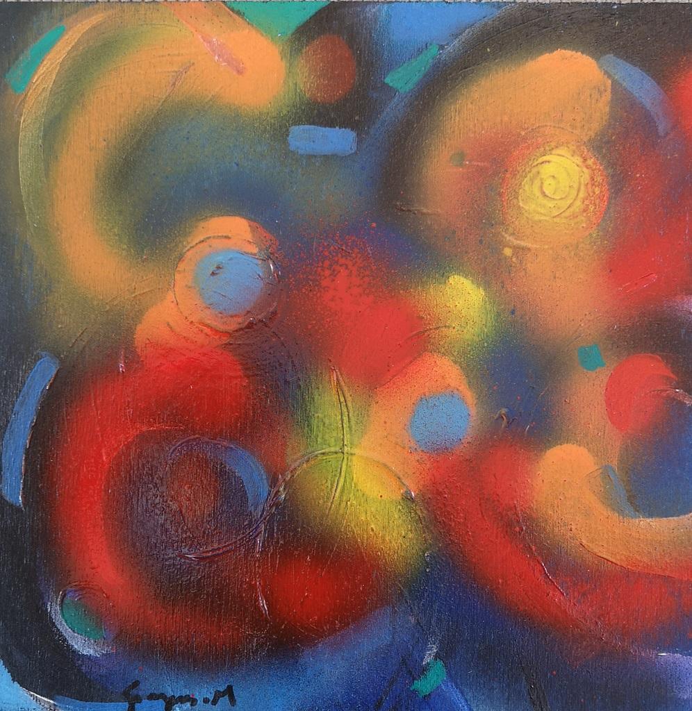 Martine Goeyens Abstract Painting – Rote und orangefarbene Kreise – Acryl auf Sperrholz von M. Goeyens – 2000er Jahre