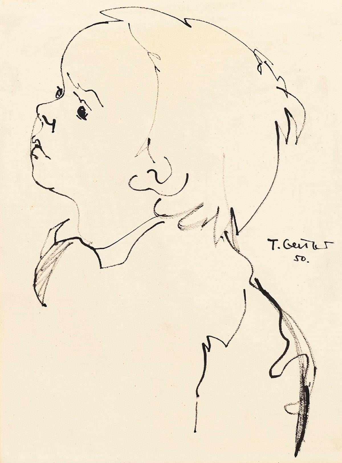 Tibor Gertler Figurative Art - Portrait - Original Black Marker on Paper by T. Gertler - 1950s