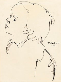 Portrait - Marqueur noir original sur papier par T. Gertler - années 1950
