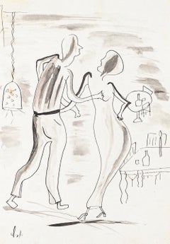 Escena familiar - Dibujo en tinta y acuarela - Años 50